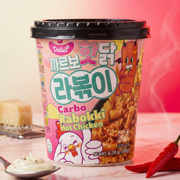 Рапокки DELIEF со вкусом острой курицы в соусе карбонара 180 г – быстрое корейское блюдо в удобном стакане, Вкус: Курица карбонара