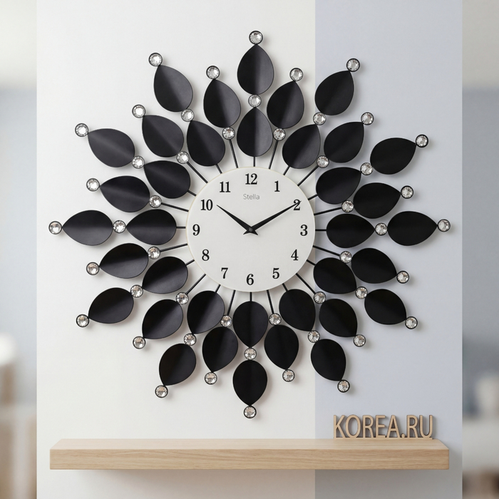Настенные часы Stella ST2805 чёрные с кристаллами 700х700 мм - современный стиль, Цвет: Черный/Белый