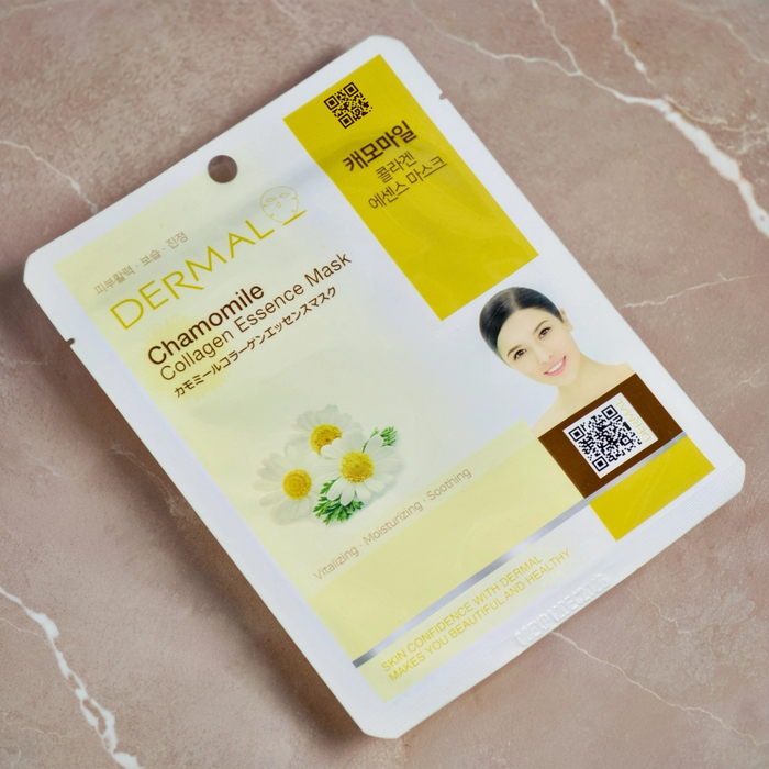 Тканевая маска Dermal с экстрактом ромашки и коллагеном: целебное успокоение и омоложение для чувствительной и раздраженной кожи, Выбранный выриант маски: Ромашка