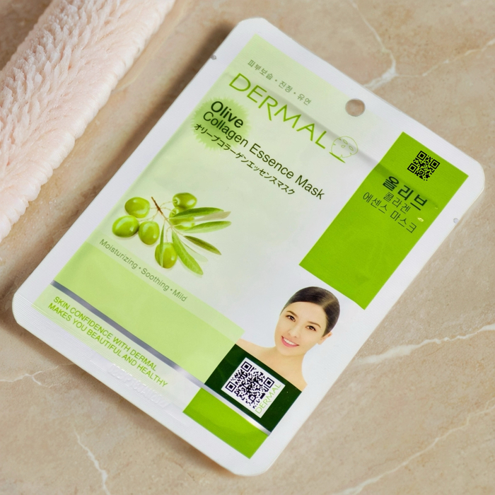 Тканевая маска Dermal с экстрактом оливы и коллагеном: интенсивное увлажнение и омоложение для сухой и чувствительной кожи, Выбранный выриант маски: Олива