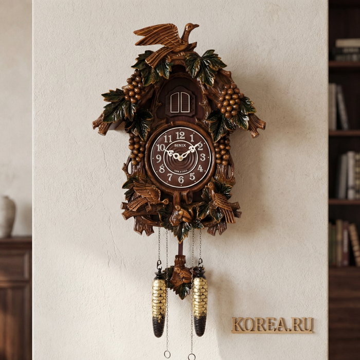 Часы настенные с кукушкой SINIX 635GR резная деревянная модель 465х360х195 мм