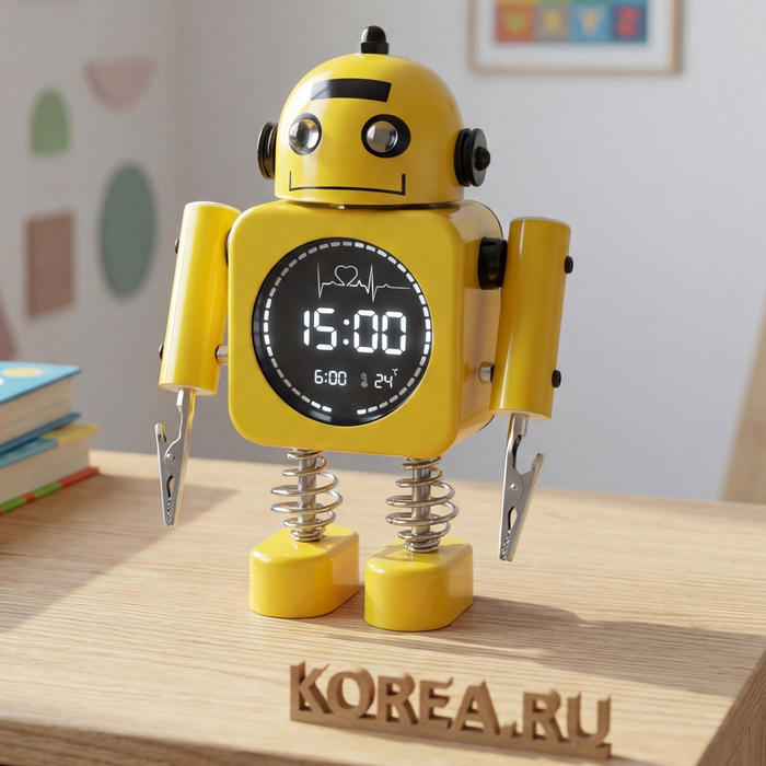 Детские часы-будильник Stella 2754YL-LED жёлтый робот с LED экраном