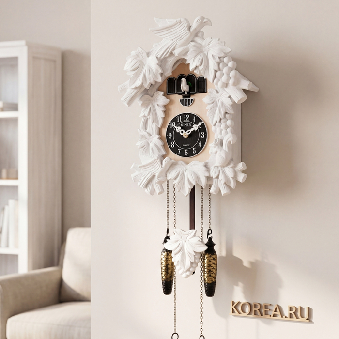 Часы кварцевые с кукушкой SINIX 601W белые 325x265 мм в стиле традиционного домика, Цвет: Белый