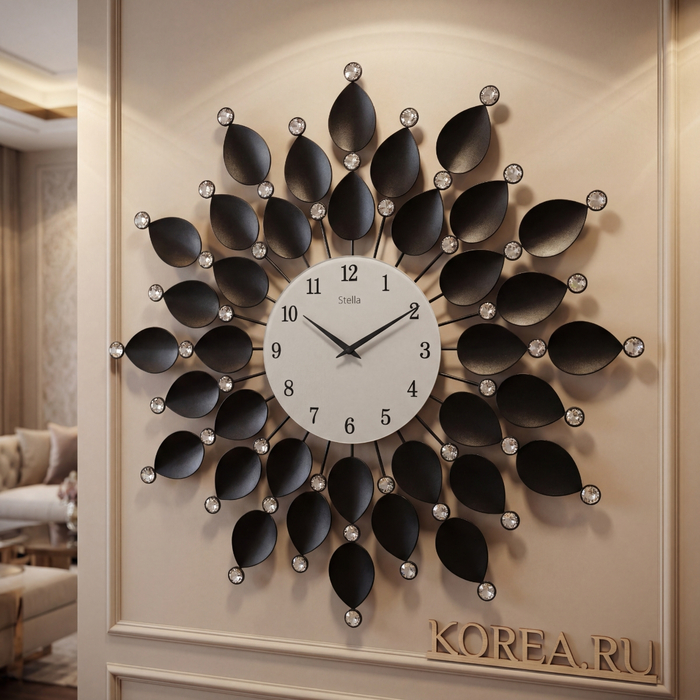 Настенные часы Stella ST2805 чёрные с кристаллами 700х700 мм - современный стиль, Цвет: Черный/Белый, изображение 2